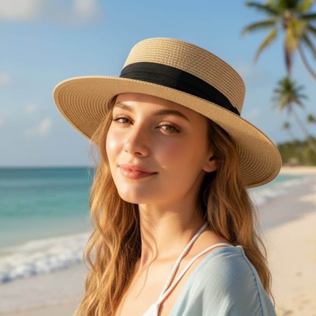Chapéu Paris De Palha Bege Feminino Estilo Praia Verão Bege Ajustável