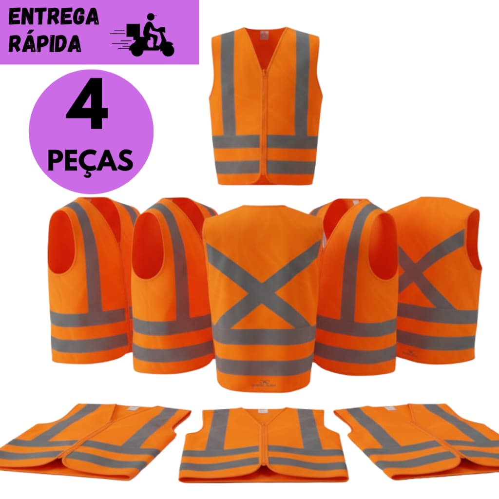 Kits 4 ou 2 Colete Refletivo Tipo Blusão Com Zíper Sem Bolso EPI Alta Visibilidade Laranja p/Entrega