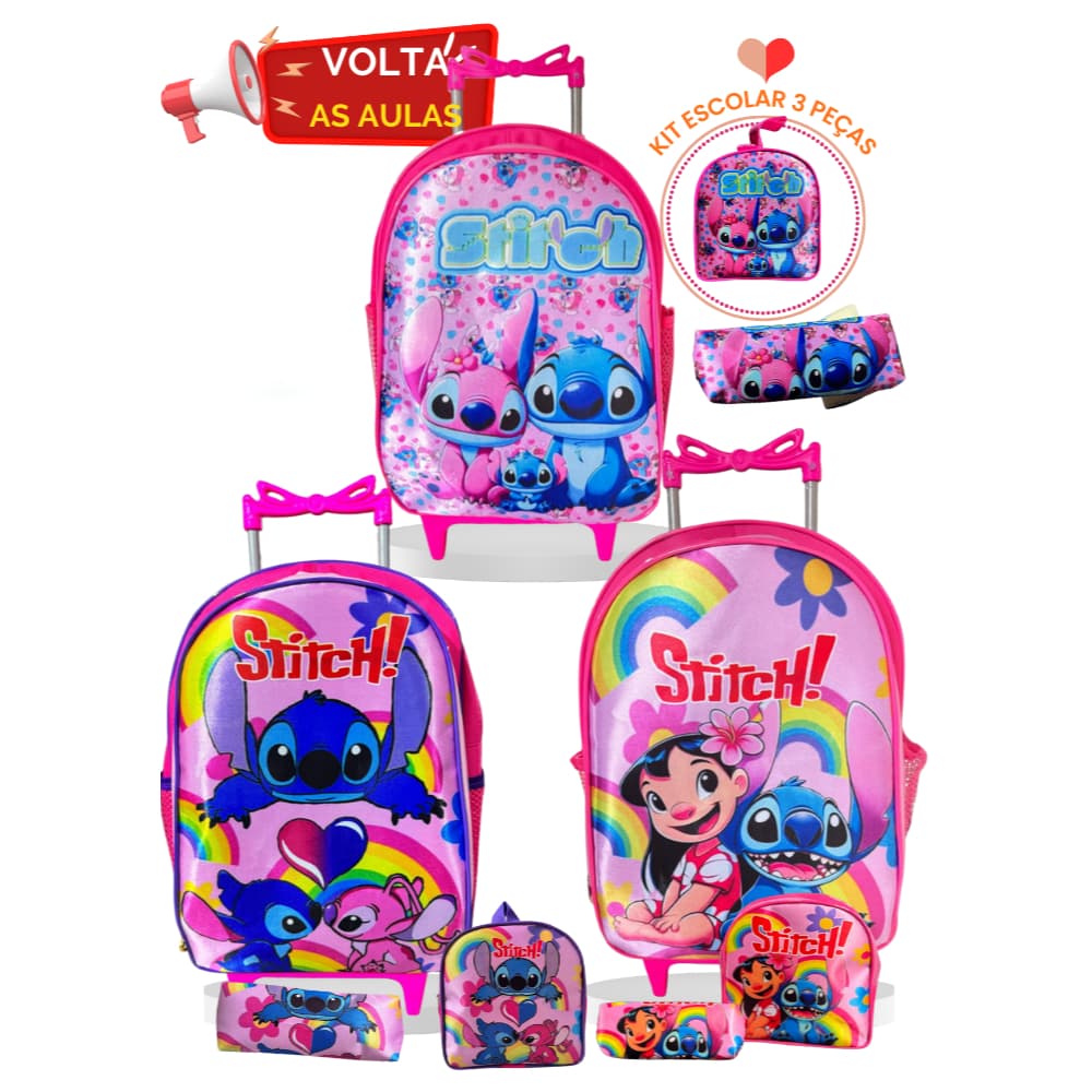 kit mochilar escolar da stitch infantil com rodinha mochila com rodinha +lancheira +estojo
