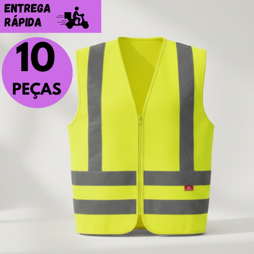 Kits 10 ou 4 Colete Refletivo EPI Tipo Blusão Verde Com Zíper Sem Bolso Segurança Alta Vizibilidade