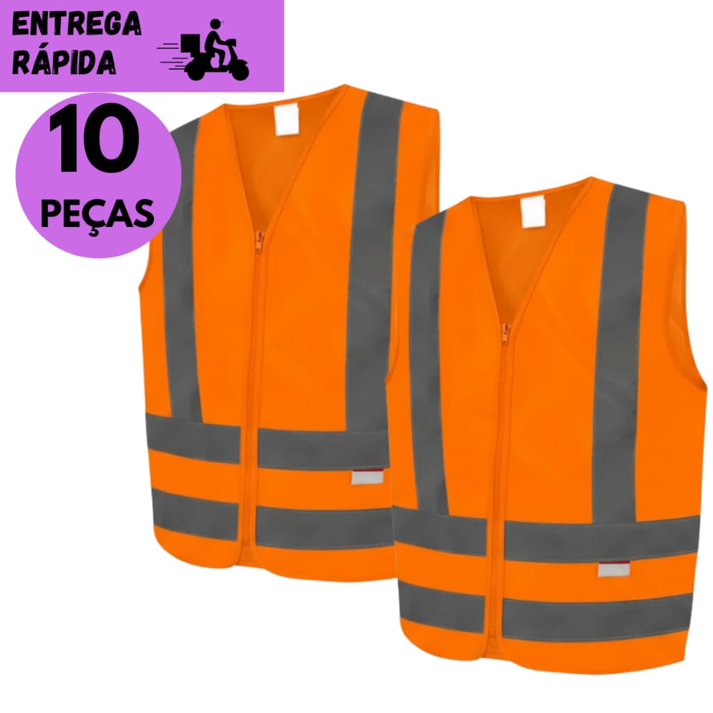 Kits 10 ou 4 Colete Refletivo Laranja Tipo Blusão Com Zíper Sem Bolso EPI Alta Visibilidade p/ Entre