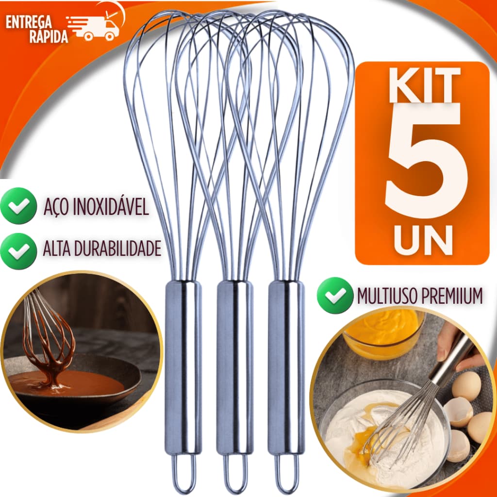 KIT 05 Batedor Fouet Profissional De Ovos e Massas Cabo Reforçado e Normal 30CM Utensilio Premium Utilidades