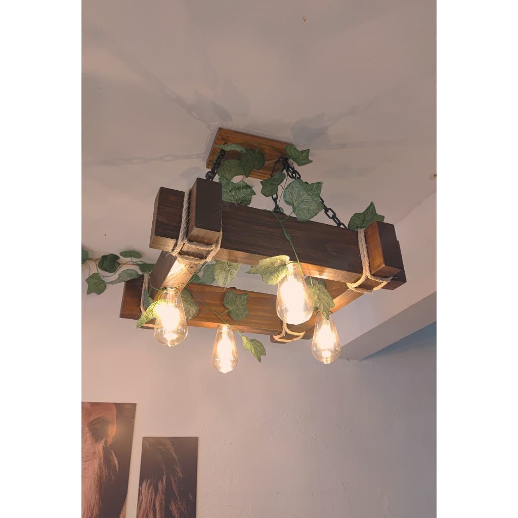 Lustre Quadrado 50cm Madeira Pendente De Teto Com 4 Bocais para área gourmet e de lazer