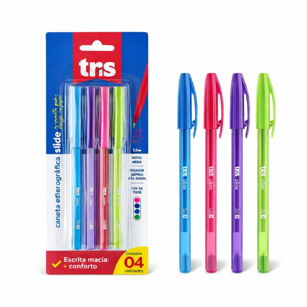 Caneta Esferográfica Tris Slide Colorida 1.0mm - Kit com 4 Cores, Escrita Macia e Confortável.