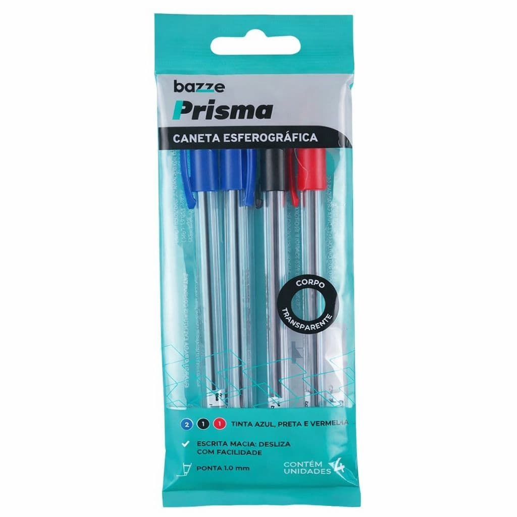 Caneta Esferográfica Bazze Prisma 1.0mm Kit Com 4 Unidades Azul Preto Vermelho Escrita Macia