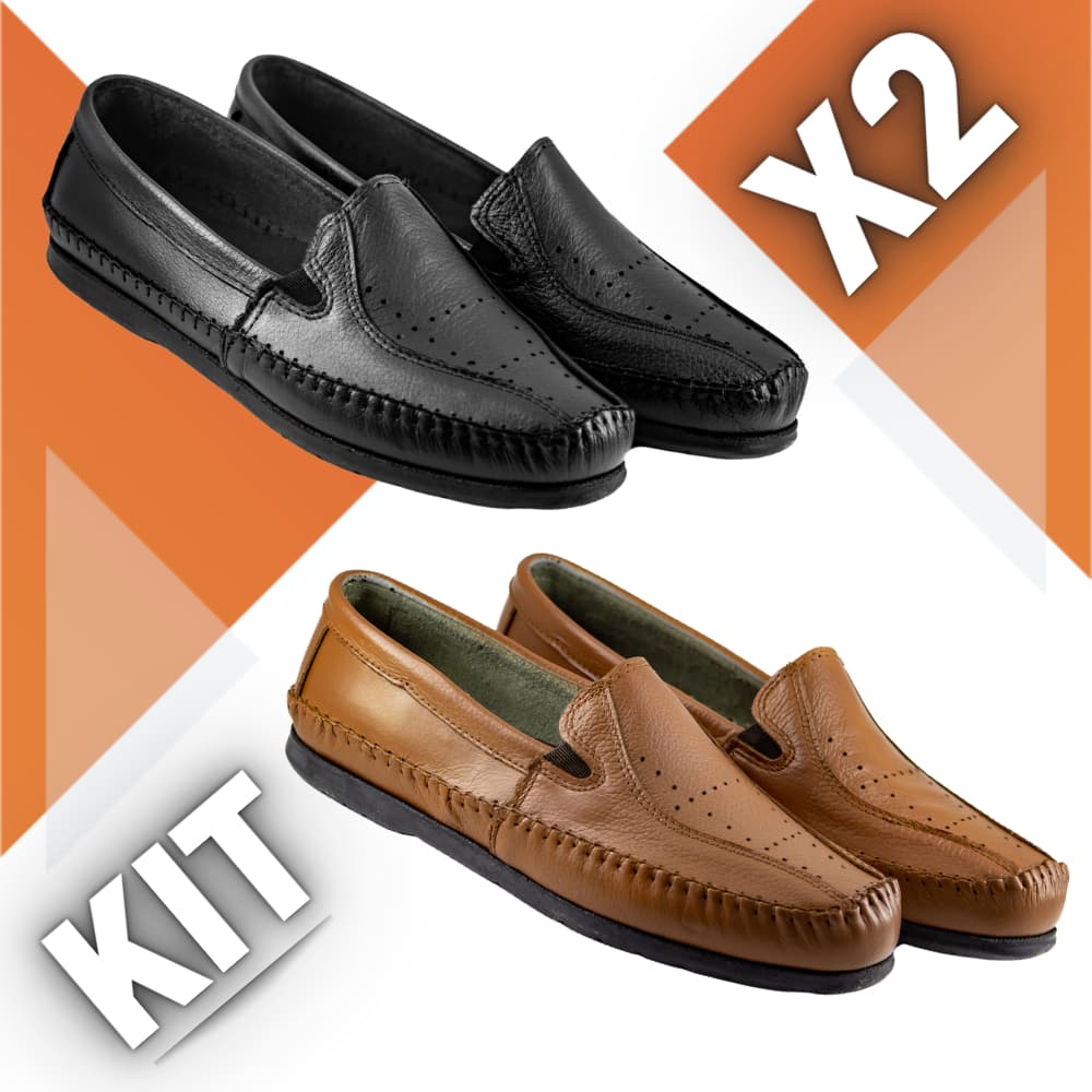 Kit 2 Pares Sapato Masculino Mocassim Macio de Couro Legitimo Ortopédico Anti Stress Black Friday