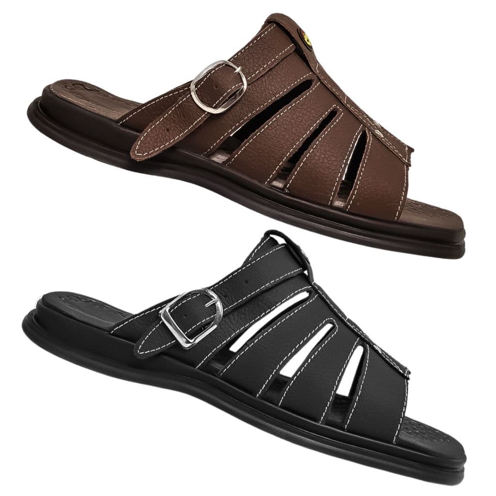 Kit 2 Pares Sandália Chinelo Masculina Macia Confortável  Ortopédico de Couro Legitimo Antiestresse