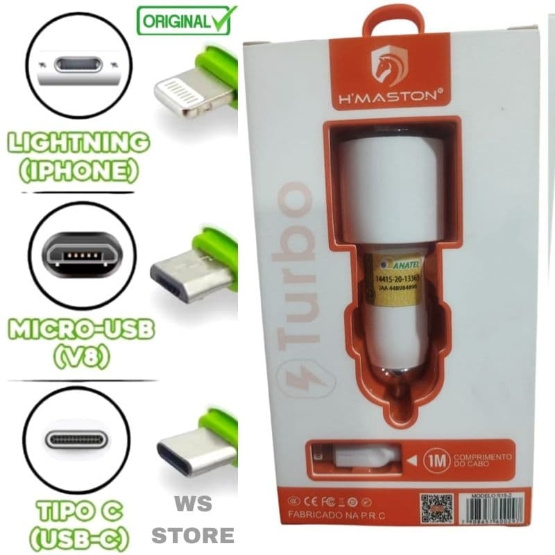 Carregador Veicular com Cabo Duplo USB Tipo C  ios V8 Para Carro Original