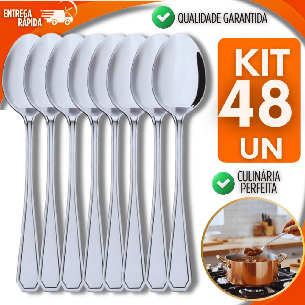 Conjunto com 48, 36 24 ou 12  Unidades de Colher Mesa Elegante Aço Inox Restaurante Churrascaria Pizzaria Lanchonete