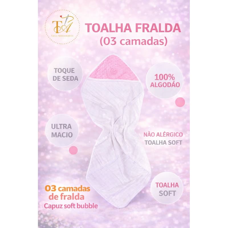 Toalha de Banho Bebê 03 camadas de Fralda com Capuz 100% Algodão Premium