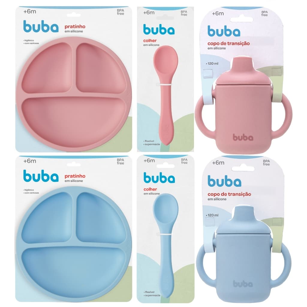 Kit Introdução Alimentar Buba Silicone - Pratinho com Ventosa + Colher + Copo de transição