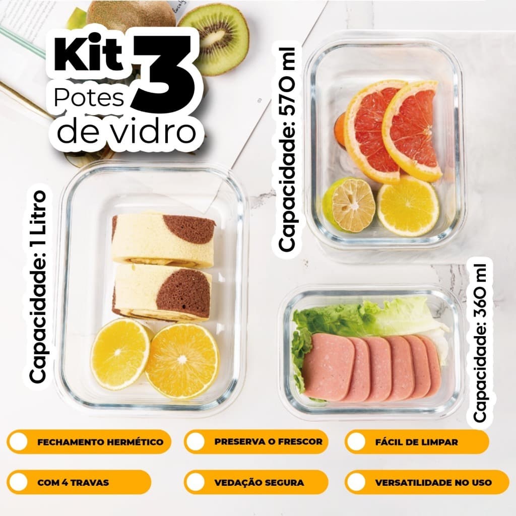 Kit 3 Potes Herméticos Vidro 360ml, 570ml e 1L com Vedação e Respiro