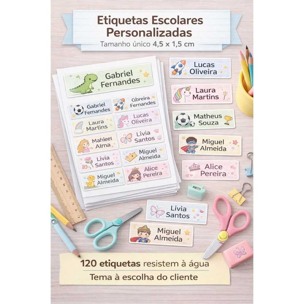 120 Etiquetas Escolares Personalizadas | Nome + Série | À Prova D’Água | Tema à Escolha.