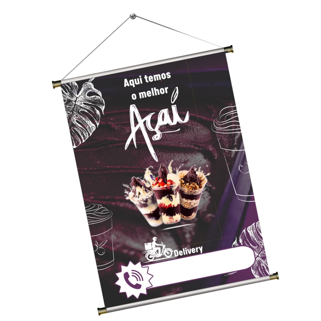 Banner Aqui Temos Açaí Bastão e Corda 300g Impressão em Alta Qualidade Arte Pronta Envio Imediato
