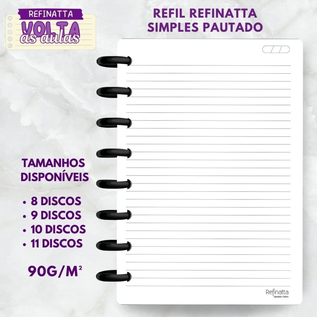 Refil Pautado para Caderno Inteligente / Caderno de Discos Refinatta 90g
