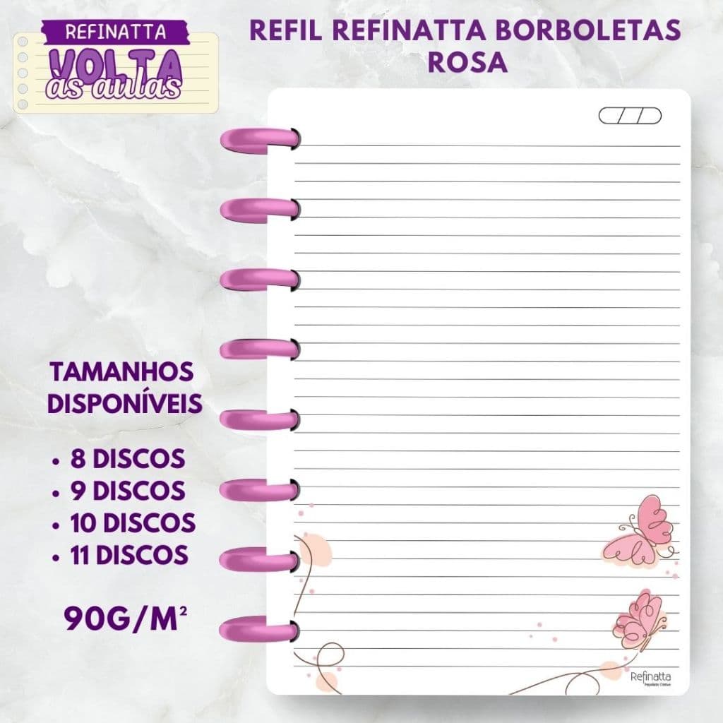 Refil Decorado Pautado para Caderno Inteligente / Caderno de Discos Refinatta 90g - BORBOLETAS ROSA