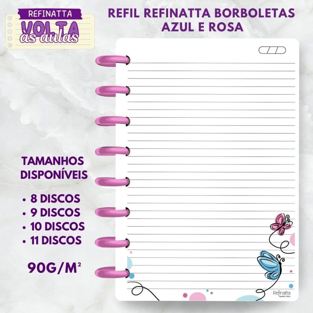 Refil Decorado Pautado para Caderno Inteligente / Caderno de Discos Refinatta 90g - BORBOLETA AZUL E ROSA