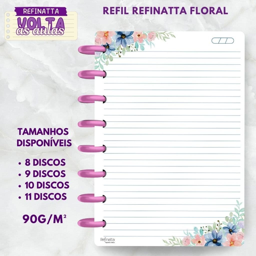 Refil Decorado Pautado para Caderno Inteligente / Caderno de Discos Refinatta 90g - FLORAL