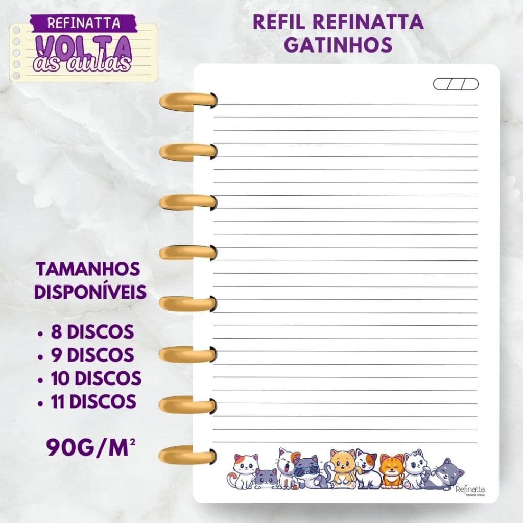 Refil Decorado Pautado para Caderno Inteligente / Caderno de Discos Refinatta 90g - GATINHOS