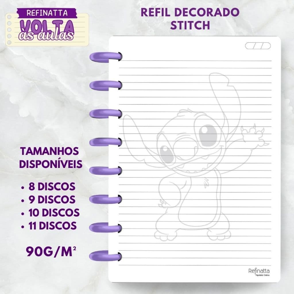 Refil Decorado Pautado para Caderno Inteligente / Caderno de Discos 90g - STITCH