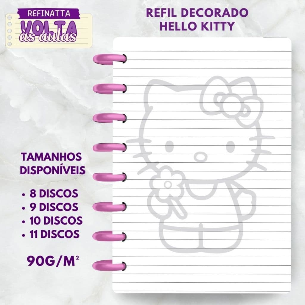 Refil Decorado Pautado para Caderno Inteligente / Caderno de Discos 90g - HELLO KITTY