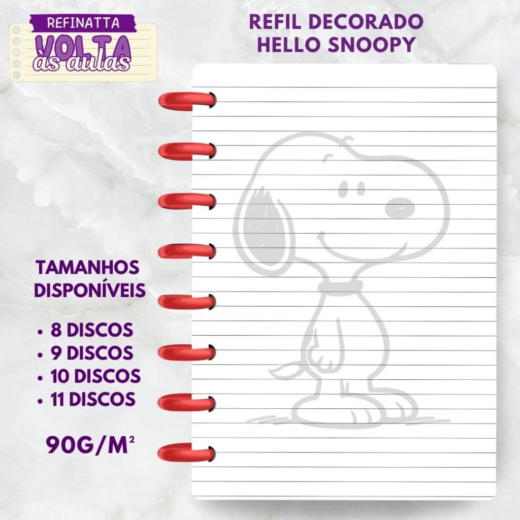 Refil Decorado Pautado para Caderno Inteligente / Caderno de Discos 90g - SNOOPY
