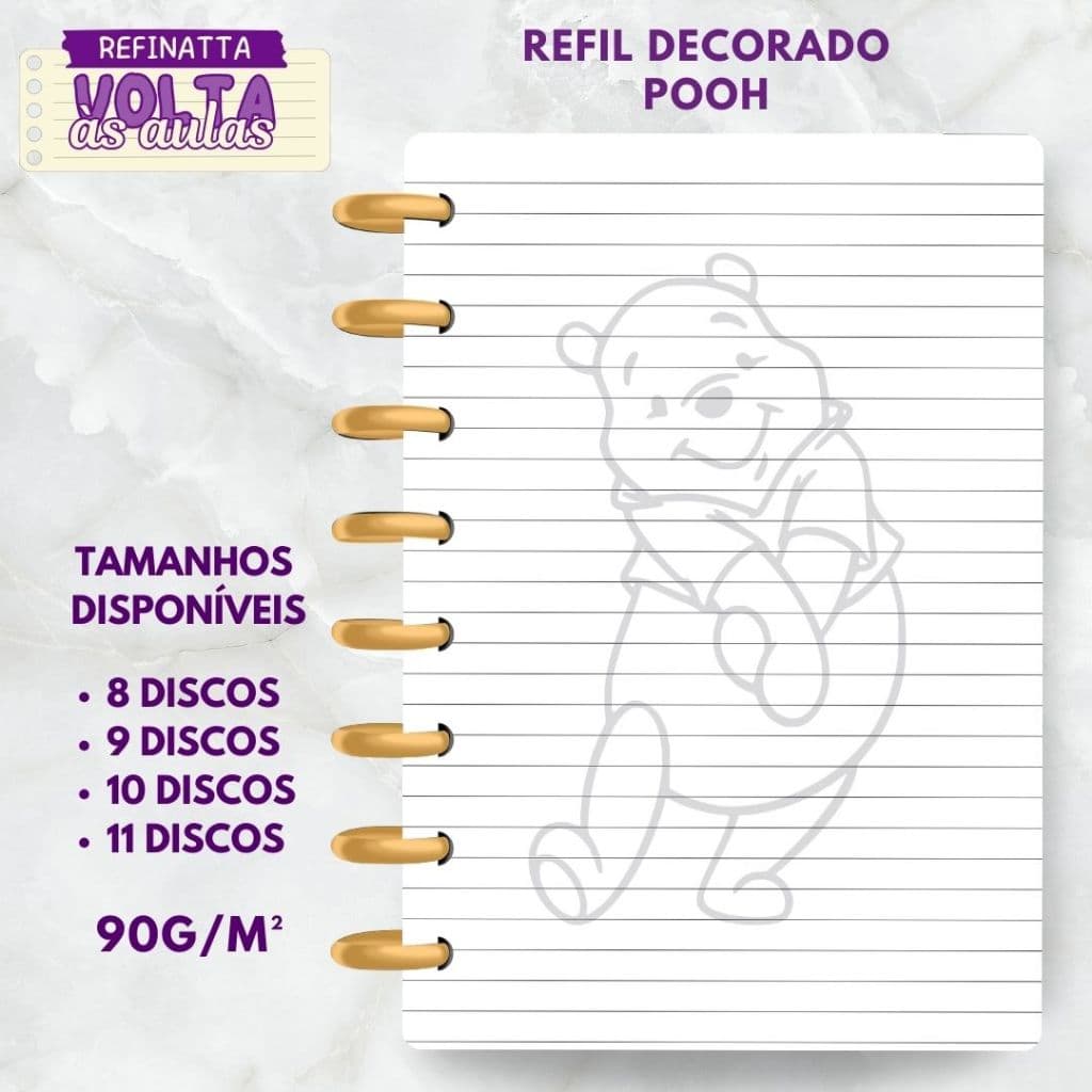 Refil Decorado Pautado para Caderno Inteligente / Caderno de Discos 90g - URSINHO POOH