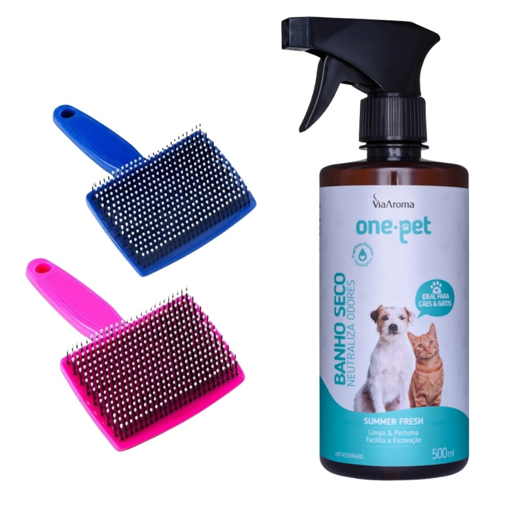 Kit Via Aroma Banho Seco para Cães e Gatos Sem Enxágue Escova para Pet Rasqueadeira Pet