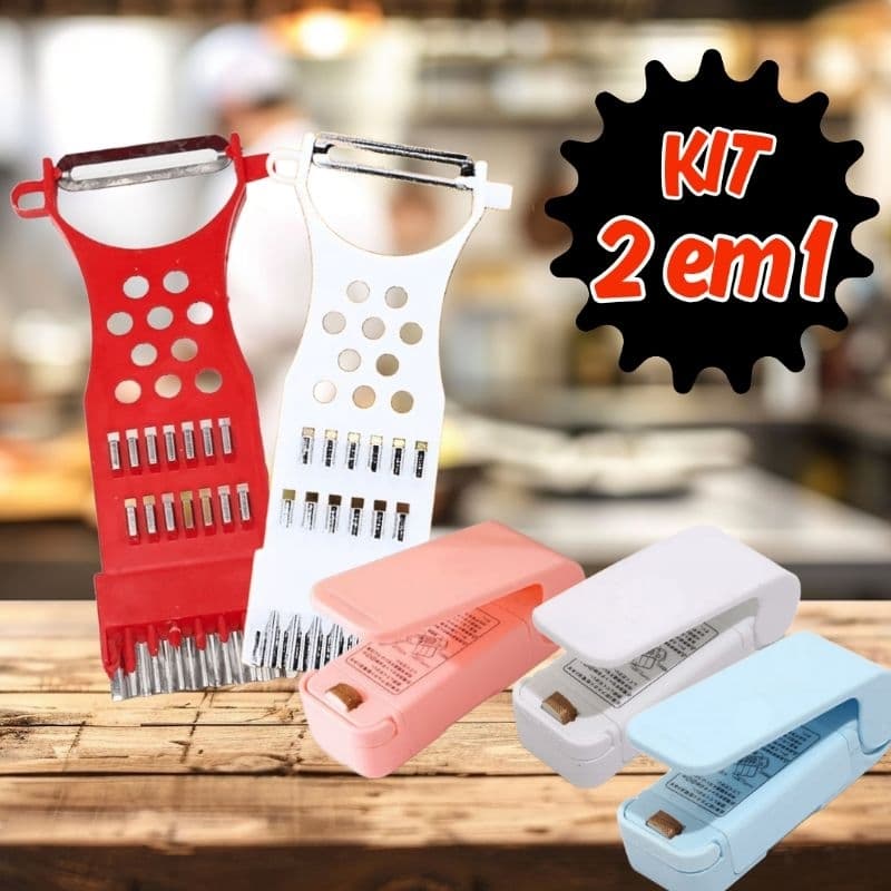 Kit cozinha 2 em 1: Descascador 5 em 1 + Mini Seladora de Embalagens Ralador Fatiador Legumes  e Selador Portátil Pilha