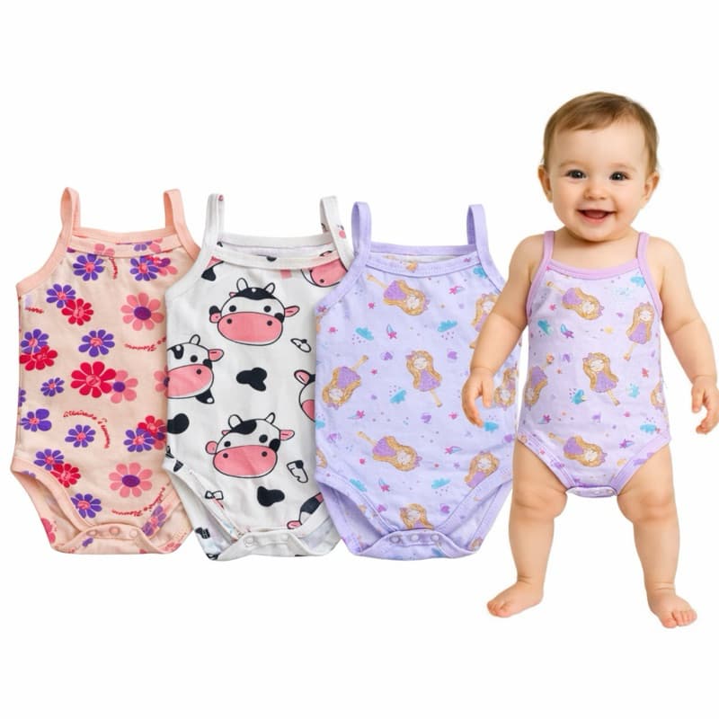 Kit 3 Body Bebe Menina Alcinha 100% Algodão Roupa de Bebê P M G 3 Peças de Bodies para Bebê Estampas Sortidas Verão