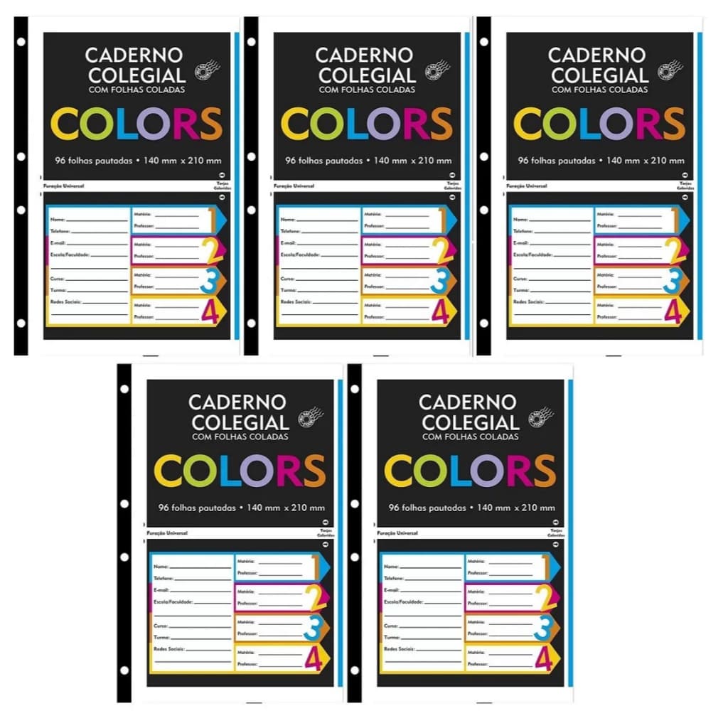 Kit 5 Caderno Colegial 14x21cm A5 Pautadas 480 Folhas Coladas
