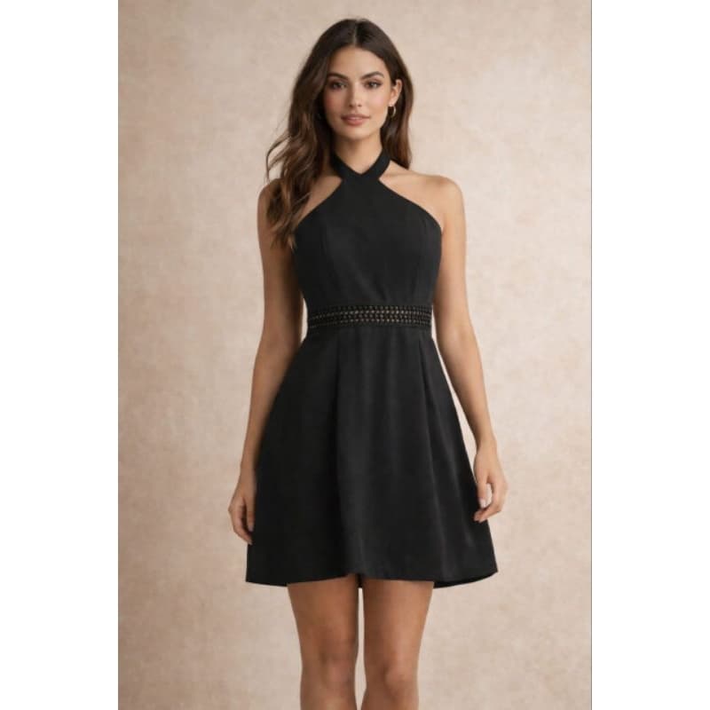 Vestido Feminino Festa Preto Frente Única com Detalhe Vazado Elegante