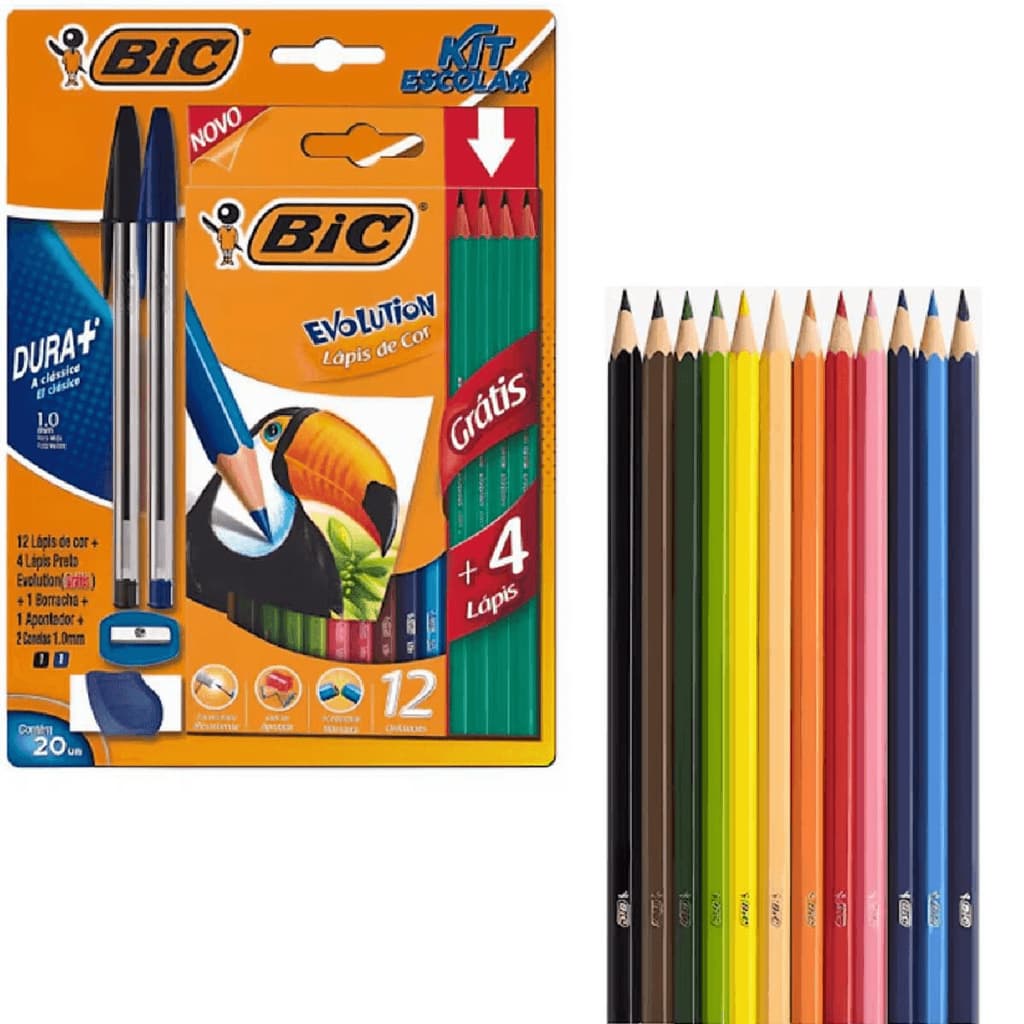 Kit com 12 Lápis de Cor, Borracha, Apontador, 3 Lápis Grafite e 2 Canetas Bic