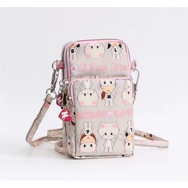 Bolsa Feminina para Celular Fofa Transversal Shoulder Bag Gato Preta Bege Nylon
