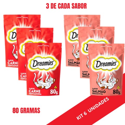DREAMIES 80G PETISCO PARA GATO SABOR CARNE E SALMÃO KIT 06 UN