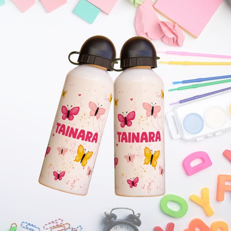Garrafa Squeeze Infantil Personalizada com Nome e Tema - 500ml Aluminio Tampa Dupla