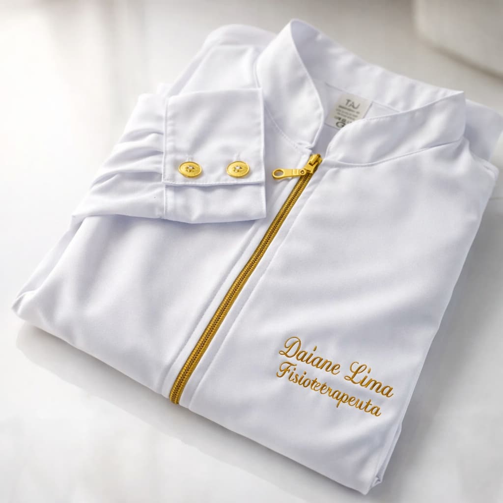 Jaleco Feminino, Personalizado, Zíper Dourado e Punho Social - Três Bordados inclusos, em Gabardine