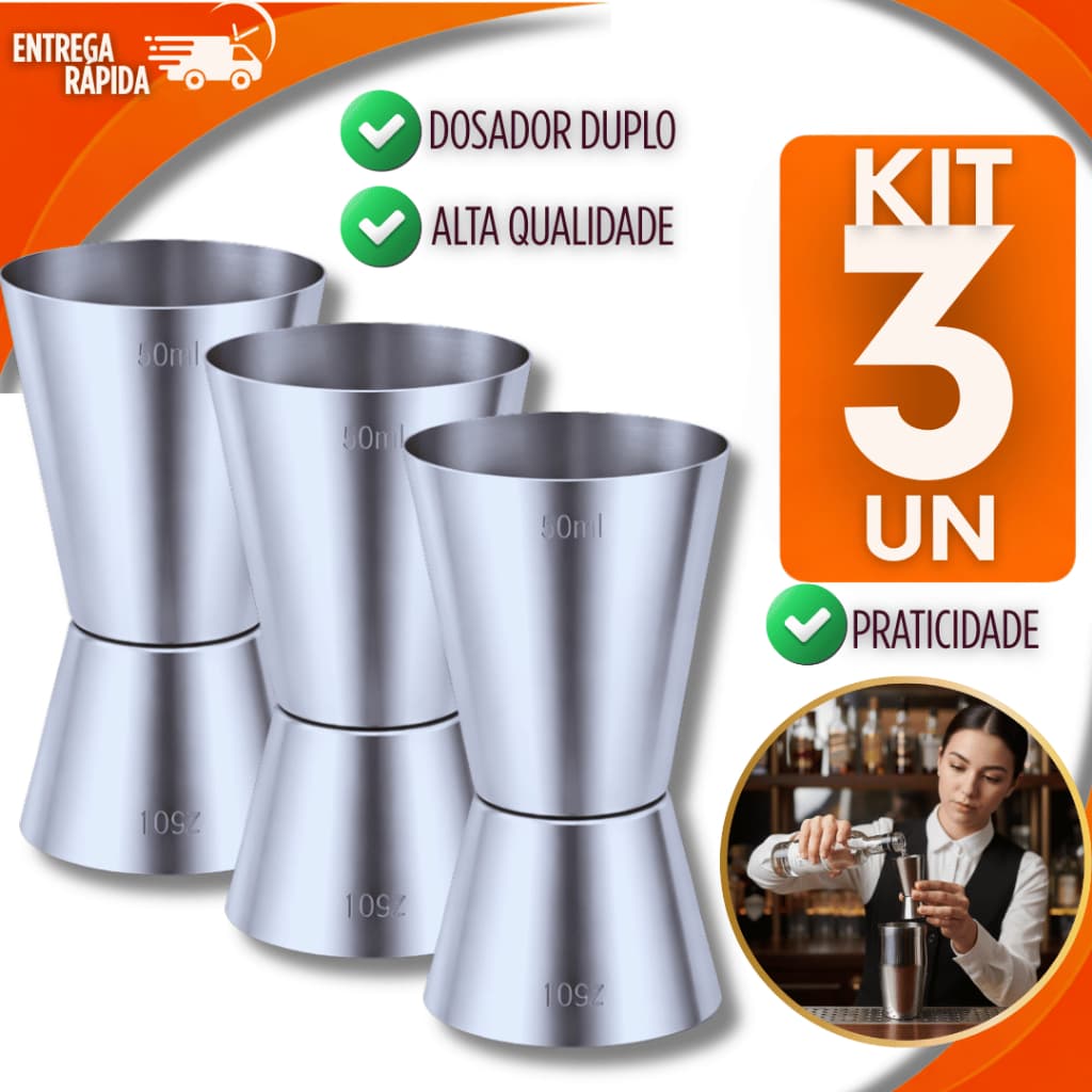 Jogo 3 Dosador de Bebida Duplo para Drink Inox 25ml e 50ml Bar Drinks Bebidas Barman Premium Alta Qualidade