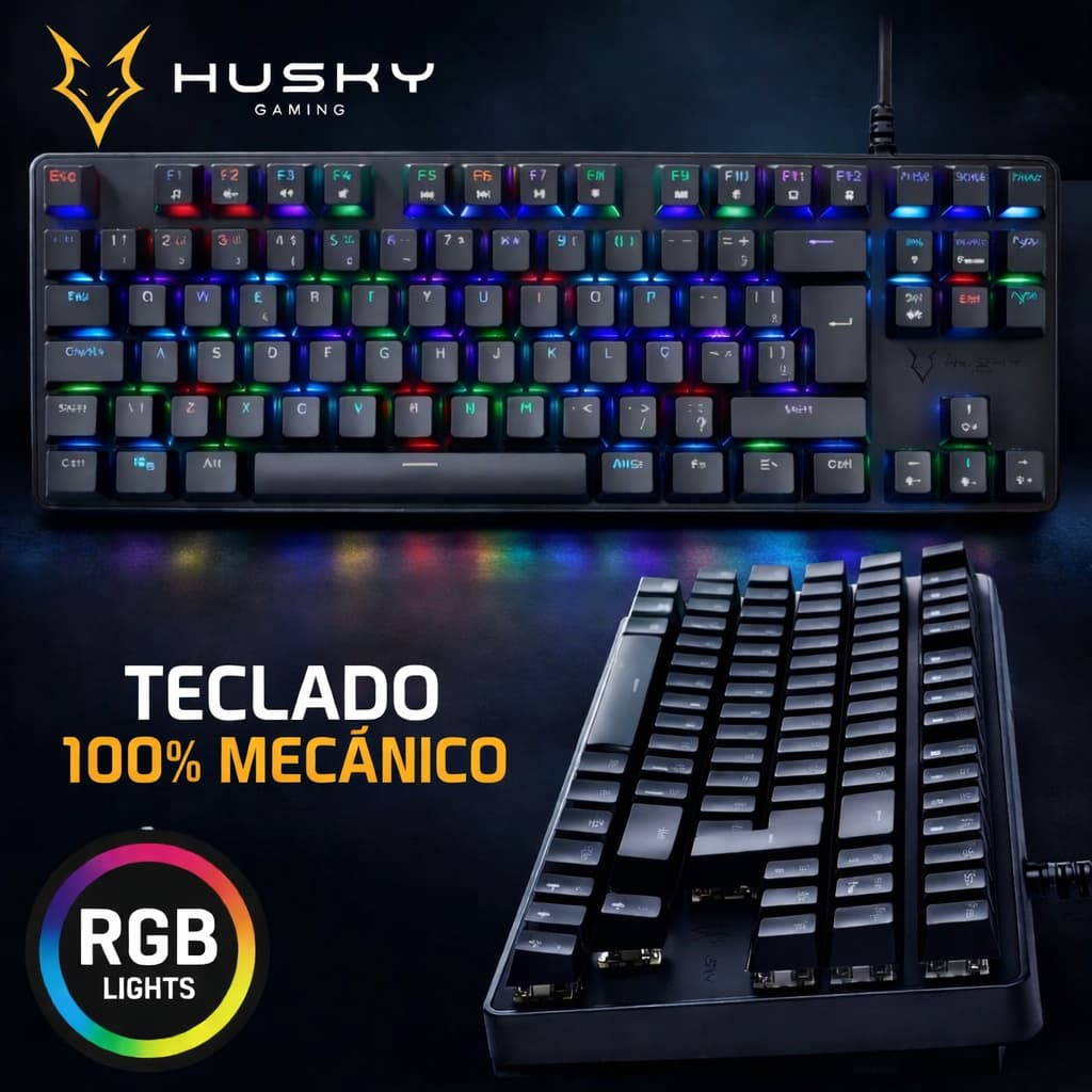 Teclado Husky Gaming 100% Mecânico, iluminação RGB - O MELHOR