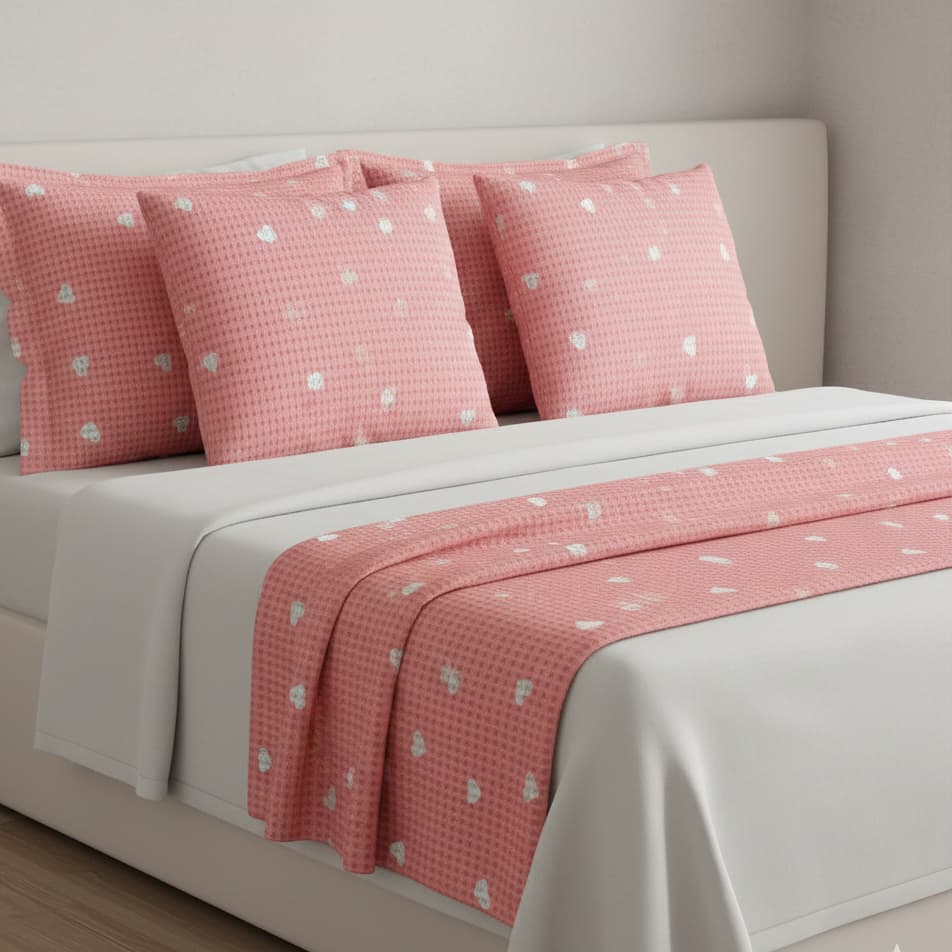 Kit Cama Posta Casal Piquet Premium 5 Peças | Peseira Decorativa + Porta Travesseiro + Capas de Almofada Estampado Luxo