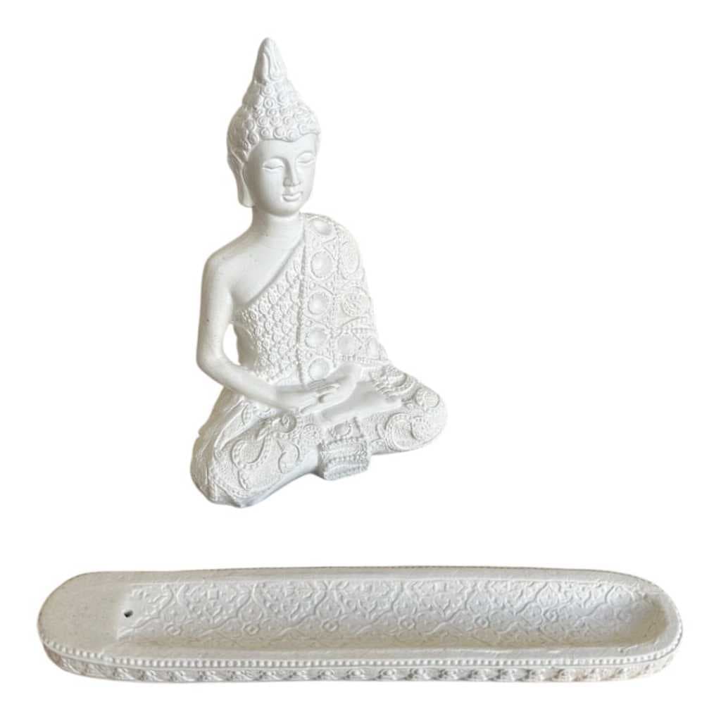 BUDA TAILANDÊS GRANDE 16.5 CM +FLOR LOTUS CASTIÇAL INCENSARIO Gesso CRU PROSPER..