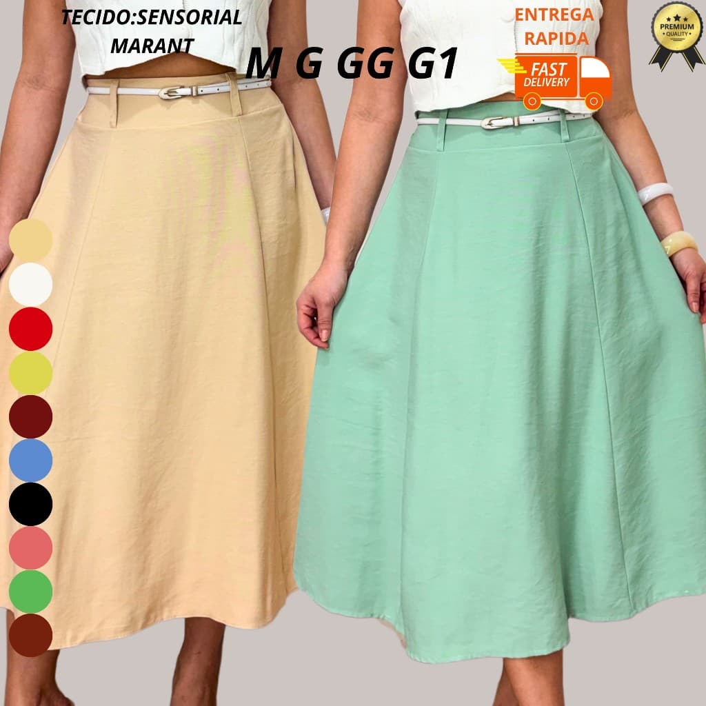 Saia Midi Soltinha Alfaiataria Cintura Alta Moda Evangélica –Tamanhos M G GG G1 G2 G3