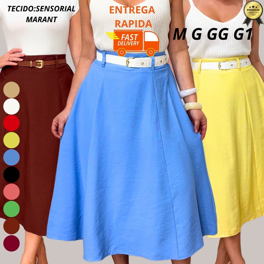Saia Feminina Elegante Midi Cintura Alta Tecido Premium M G GG G1 G2 G3