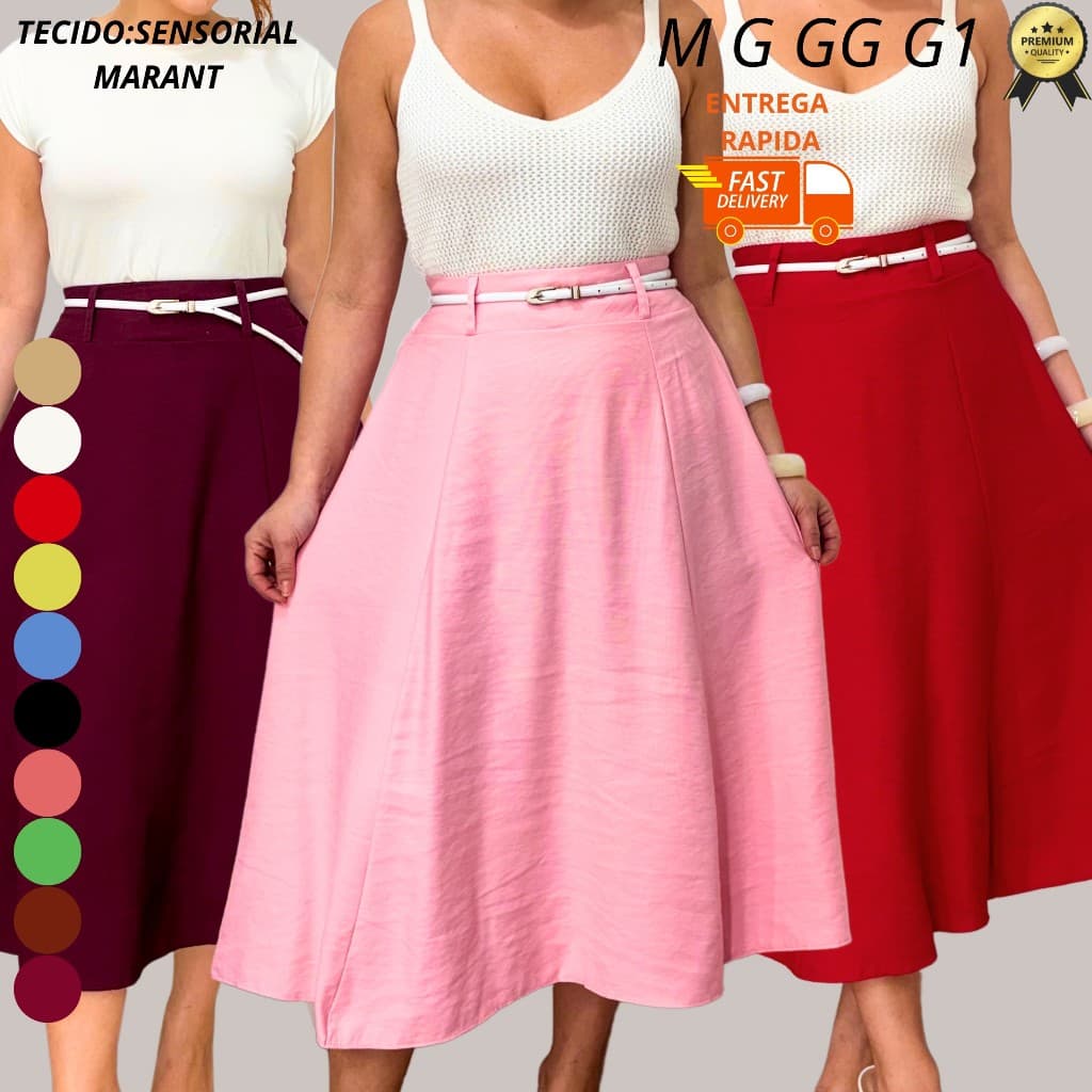 Saia Midi Feminina Cintura Alta M G GG G1 G2 G3 Estilo Moderno