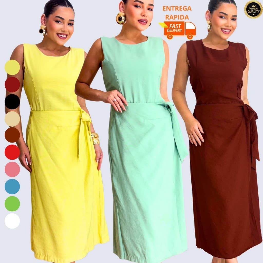 Vestido Feminino Midi Sem Manga com Laço Lateral e Lastex nas Costas Elegante -Tamanho M G GG G1