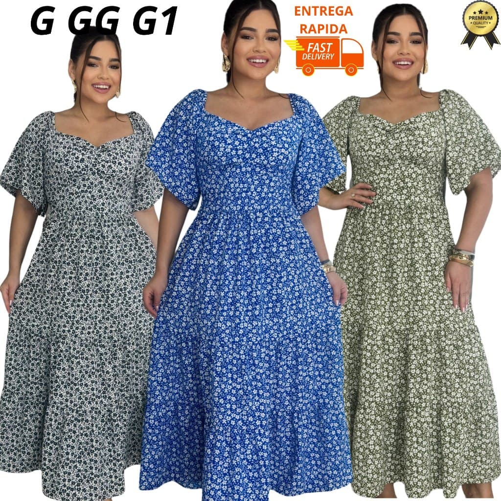 Vestido Floral Midi Feminino Plus Size com Lastex nas Costas G GG G1