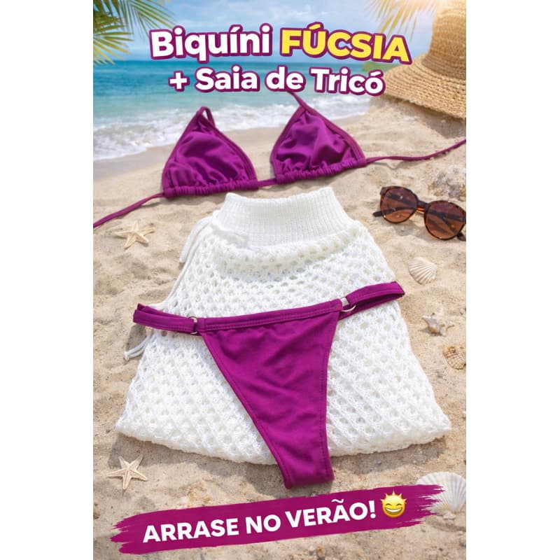 KIT PRAIA PREMIUM – BIQUÍNI FÚCSIA + SAIA DE TRICÔ ✨