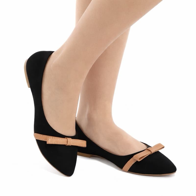 sapatilha sapato feminino preto bico fino tira dia a dia moderna detalhe laço nude lacinho