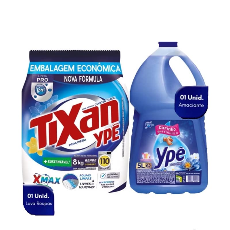 Kit 1 Lava Roupas em pó concentrado Tixan Pro Max 8Kg + 1 Amaciante Aconchego YPÊ 5 Litro