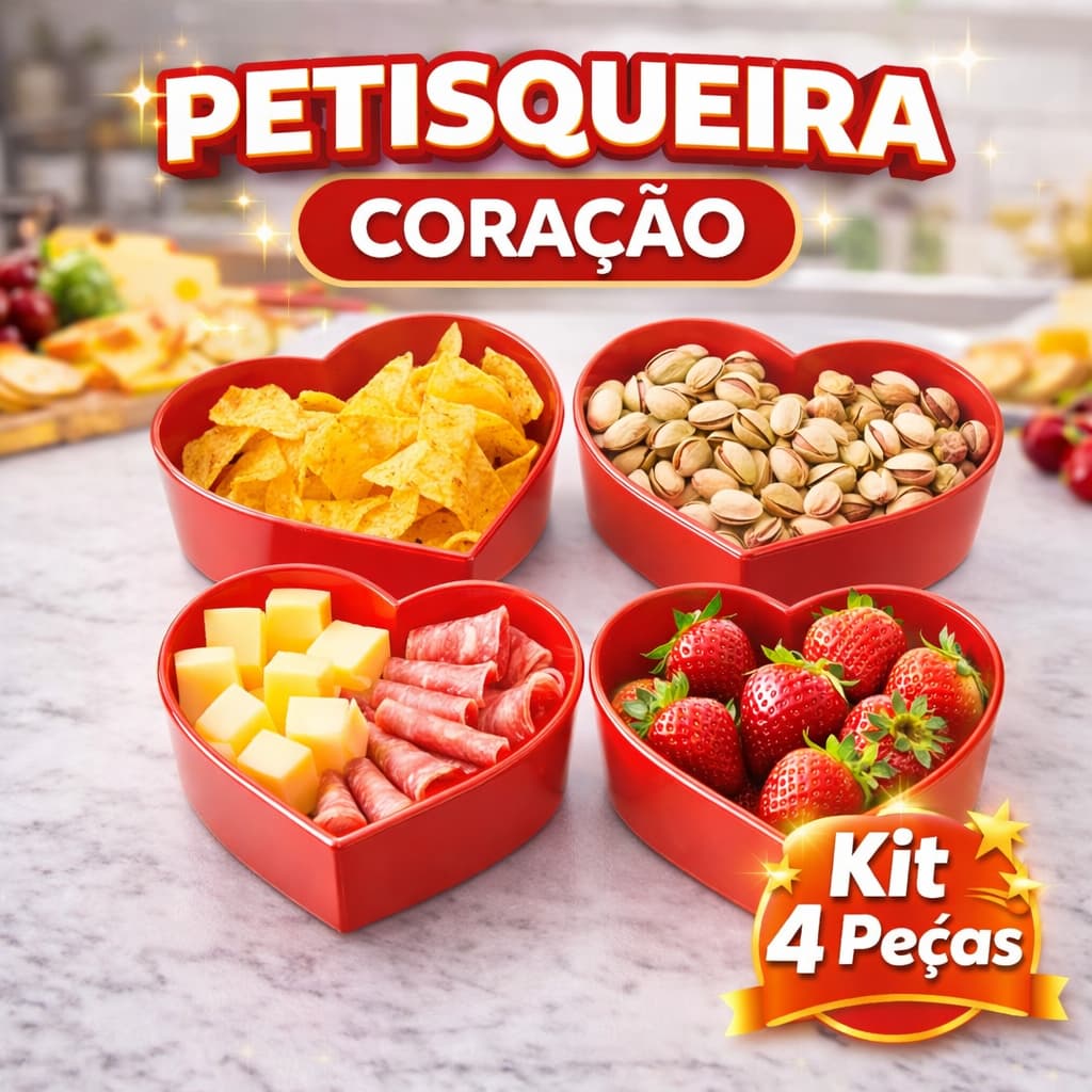 Petisqueira Coração Vermelha Kit 4 Peças | Tigela Plástica Resistente 300ml | Petiscos, Aperitivos, Festa e Mesa